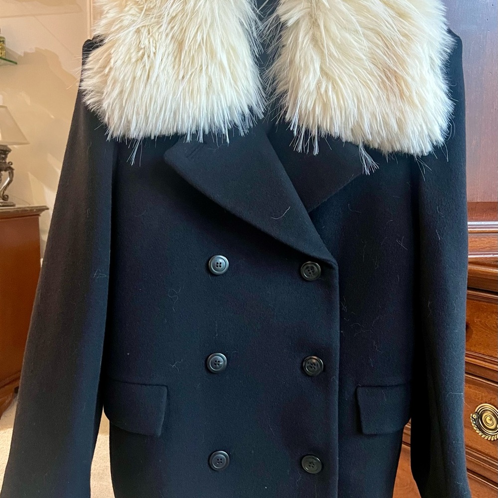 & Other Stories Black Peacoat with Cream Faux Fur Collar